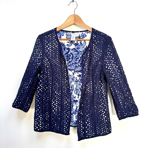 Coldwater Creek Reversible Eyelet Floral Open Front Jacket Navy/White 14 NWOT - Picture 6 of 10